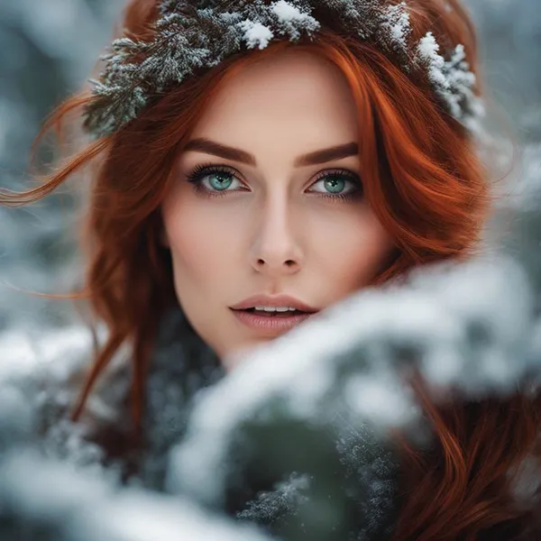 AI-Generated Close-up of a beautiful redhead woman in the winter forst